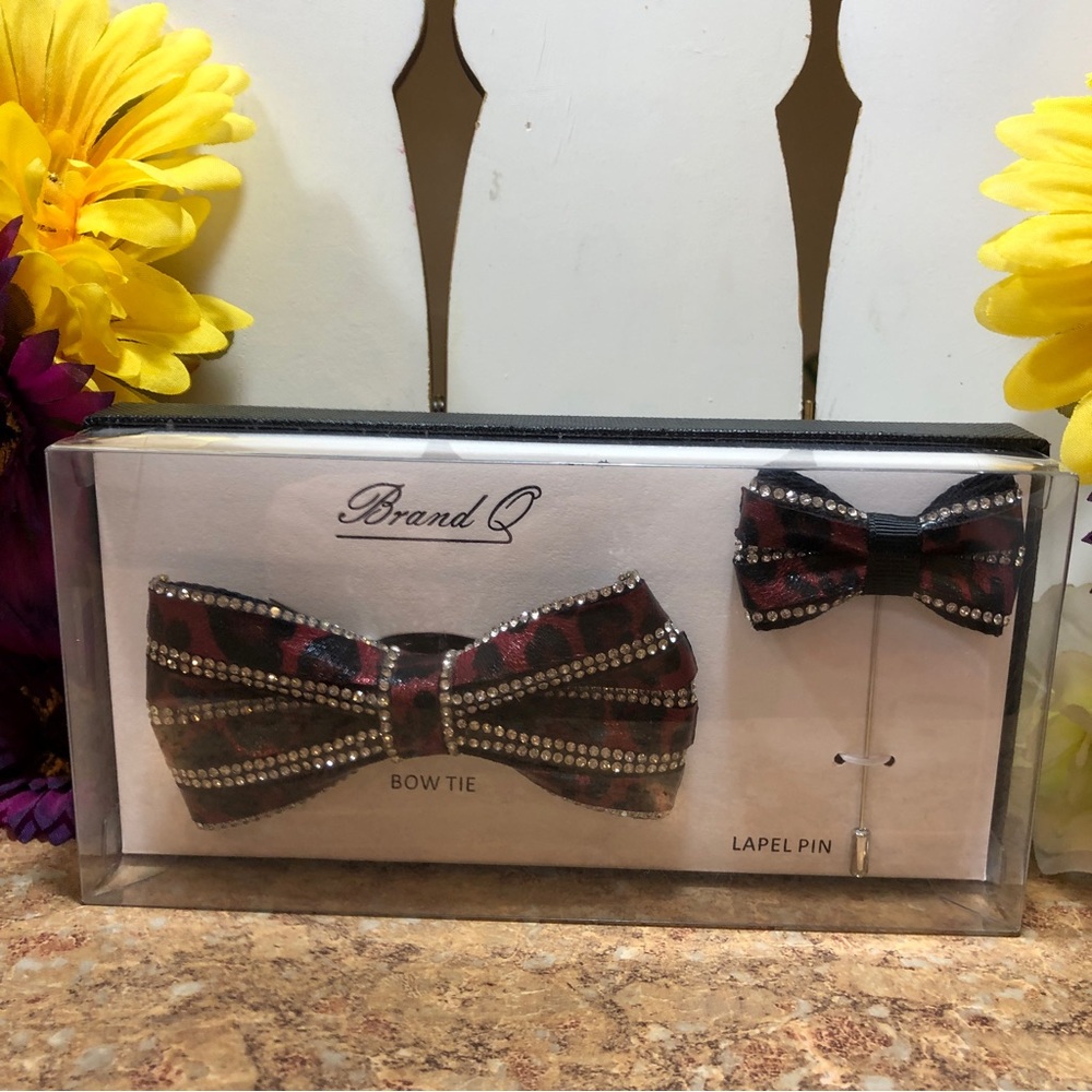 Brand Q Mens Unique Red Leapord Print Bow Tie & Lapel Pin W/Stunning Rhinestones